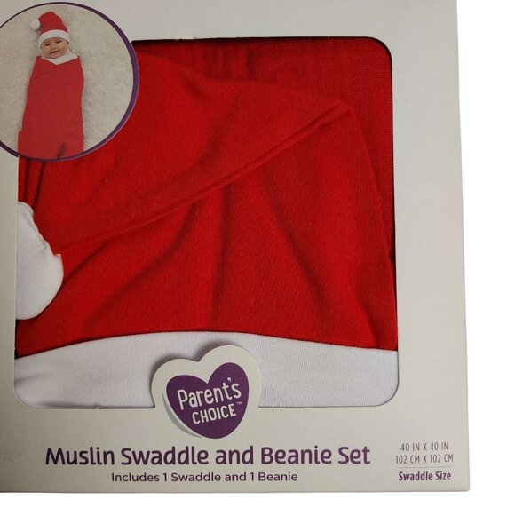 Parents Choice Muslin Swaddle and Beanie Red Cotton Infant Newborn Santa Set - Picture 3 of 6